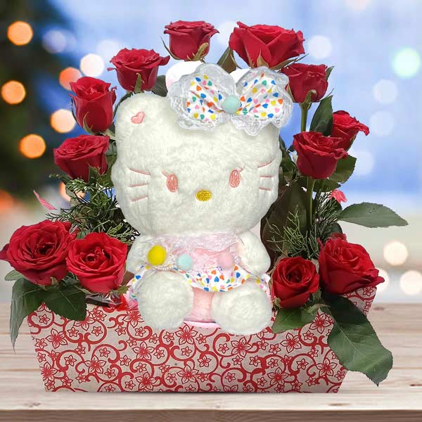 Cute Hello Kitty Teddy With Red Roses