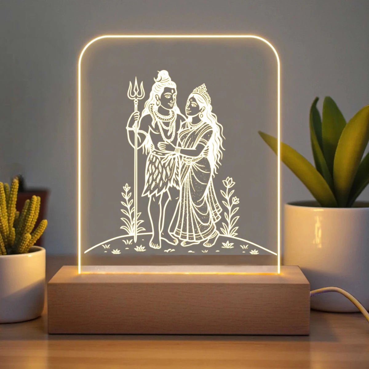 Shiva Parvati Divine Laser Engraved Acrylic LED Lamp - Flowers to Nepal - FTN