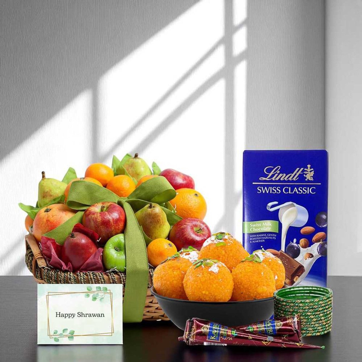 Shrawan Gift with Fruits Basket 5kg & Laddu Half kg - Flowers to Nepal - FTN