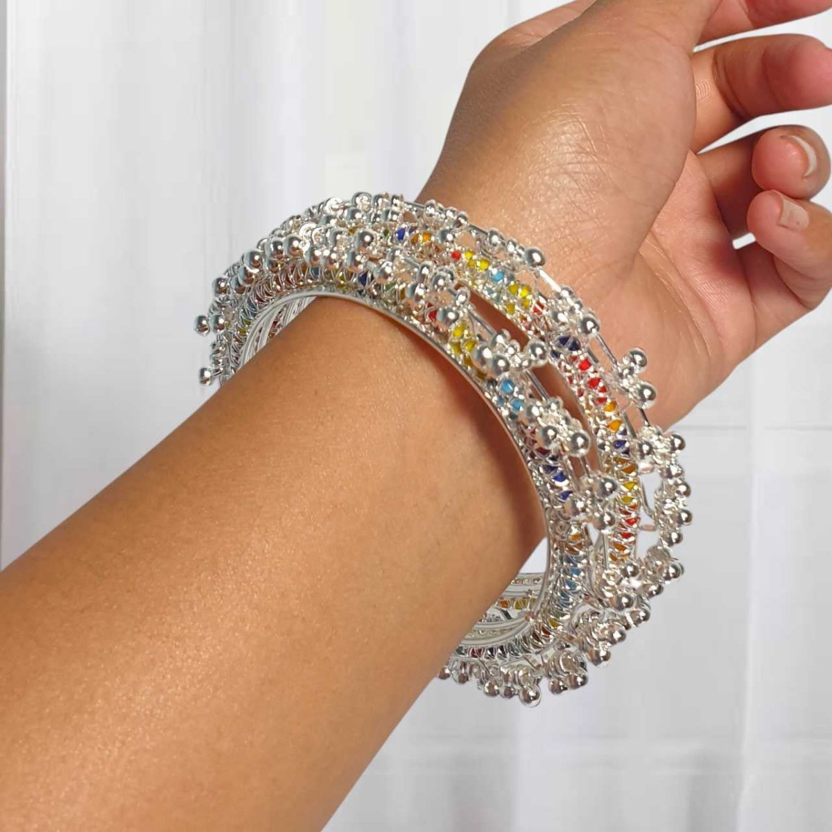 Silver-Tone Ghungroo Bangles with Multicolor Beads – Set of 2 - Flowers to Nepal - FTN