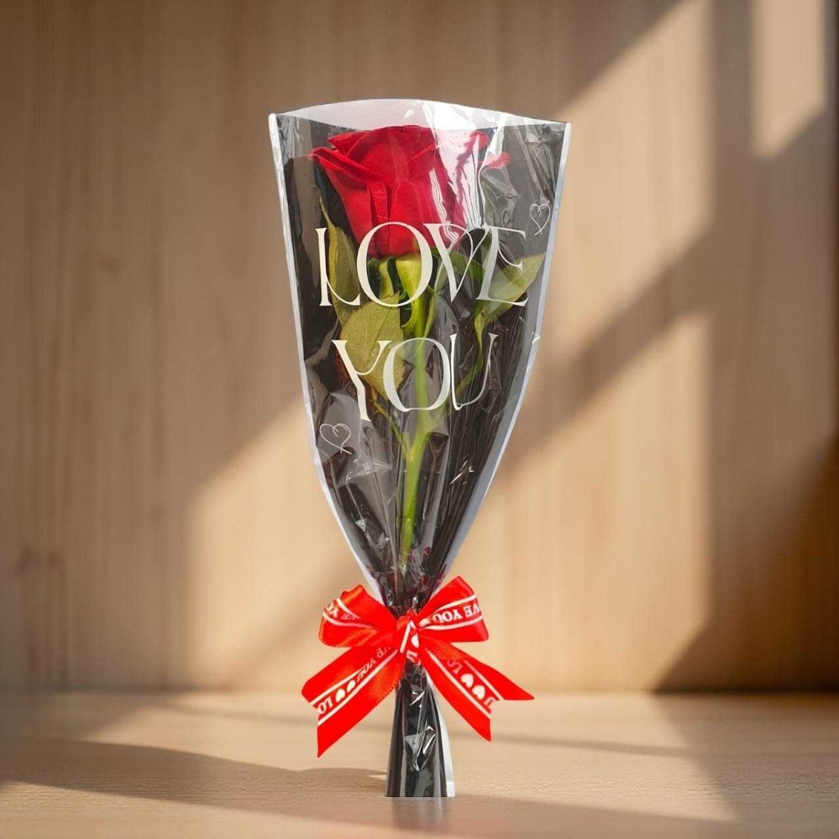 Single Red Rose in Transparent “Love You” Bouquet - Flowers to Nepal - FTN