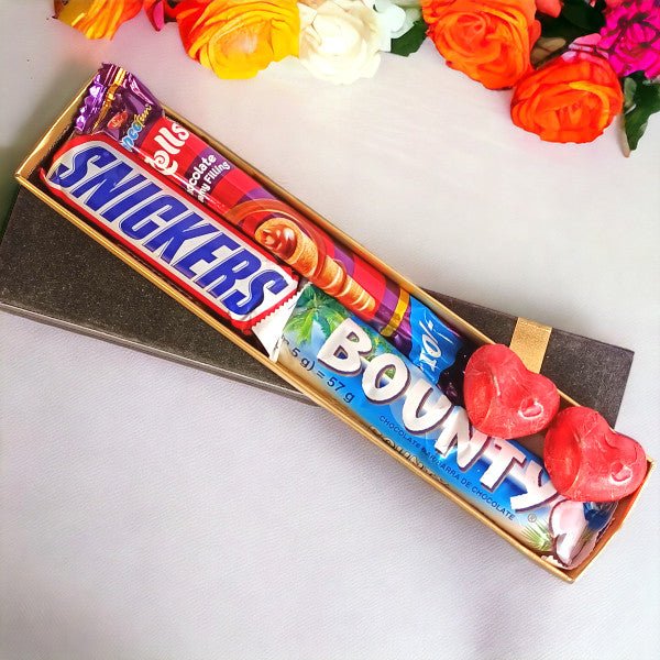 Snickers, Bounty, Choco Rolls in a Box - Flowers to Nepal - FTN