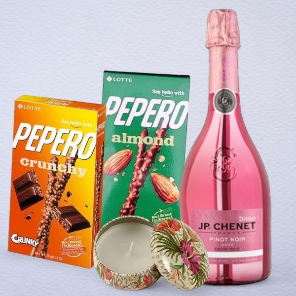 Sparkling Rose Wine 750 Ml with Lotte Pepero X 2 and Scented Candle - Flowers to Nepal - FTN