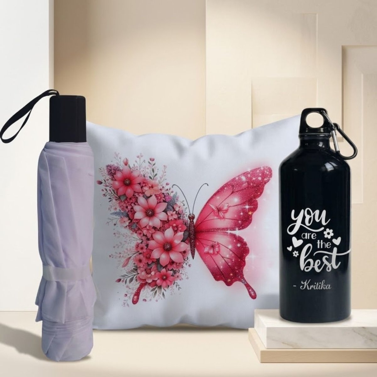 Spring Gift Set – Cushion, Umbrella & Personalized Bottle - Flowers to Nepal - FTN