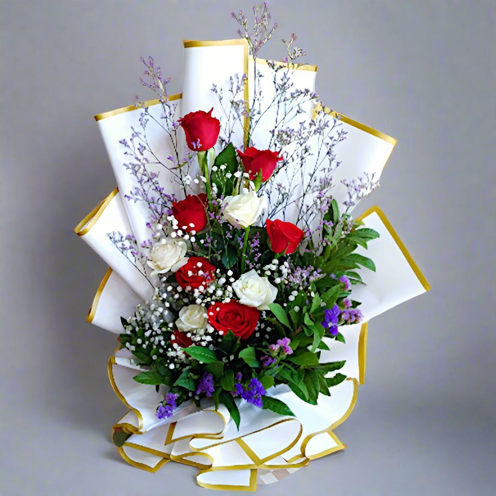 Striking White & Red Rose with Greenery and Limonium Statice Accents Bouquet - Flowers to Nepal - FTN