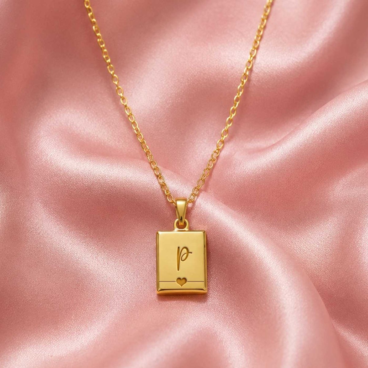 Stylish Gold Heart Square Necklace with Initial Engraving - Flowers to Nepal - FTN