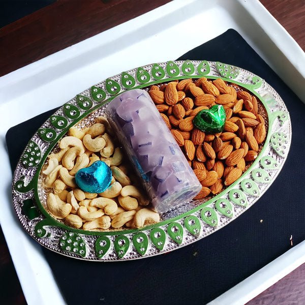 Stylish Tray Featuring a Round Candle, Premium Nuts and Chocolates - Flowers to Nepal - FTN