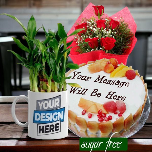 Sugar Free Cake With Bamboo Plant in Mug & Rose Bouquet - Flowers to Nepal - FTN