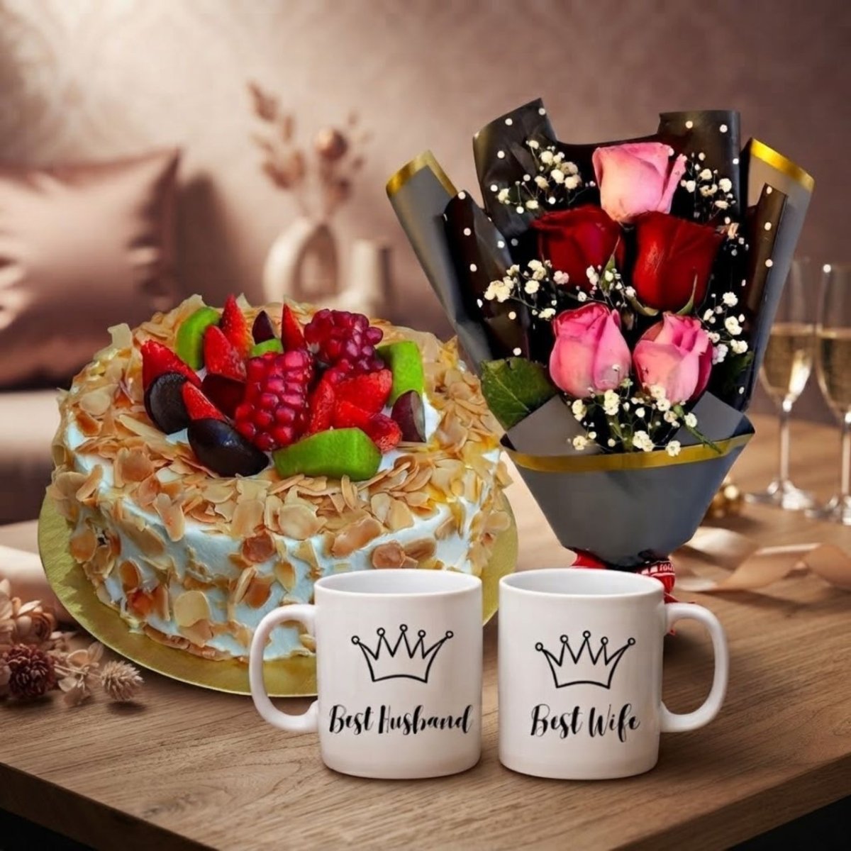 Sugar Free Fruit Cake with Couple Mug and Rose Bouquet - Flowers to Nepal - FTN