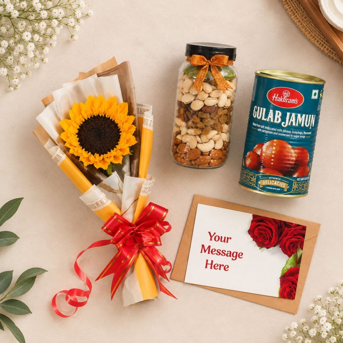 Sunflower & Dry Fruits Celebration Gift Set - Flowers to Nepal - FTN
