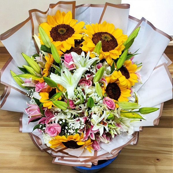 Sunlit Harmony Bouquet: Sunflowers, Roses, and Lilies - Flowers to Nepal - FTN