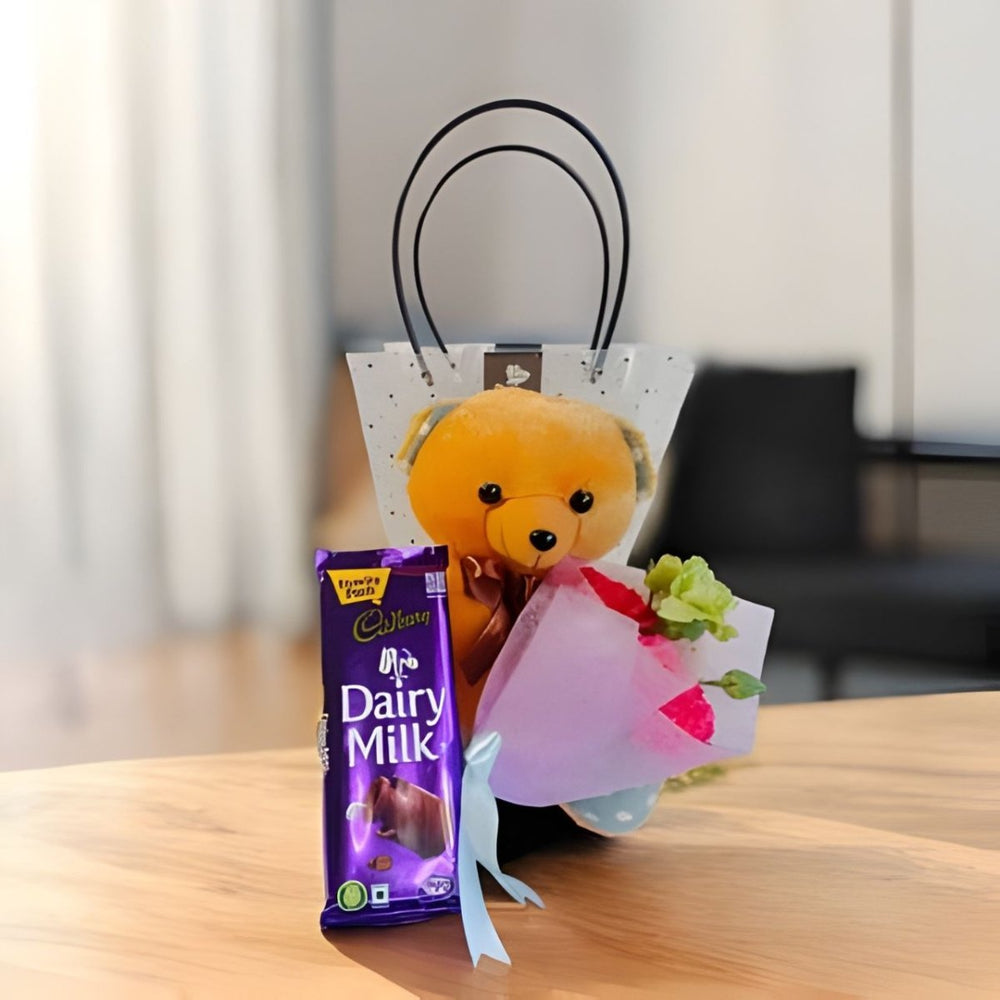 Surprise Gift Bag with Carnation Bouquet, Teddy & Chocolate - Flowers to Nepal - FTN