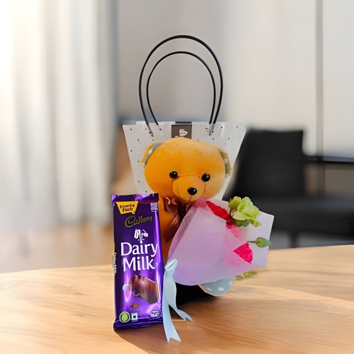 Surprise Gift Bag with Carnation Bouquet, Teddy & Chocolate - Flowers to Nepal - FTN