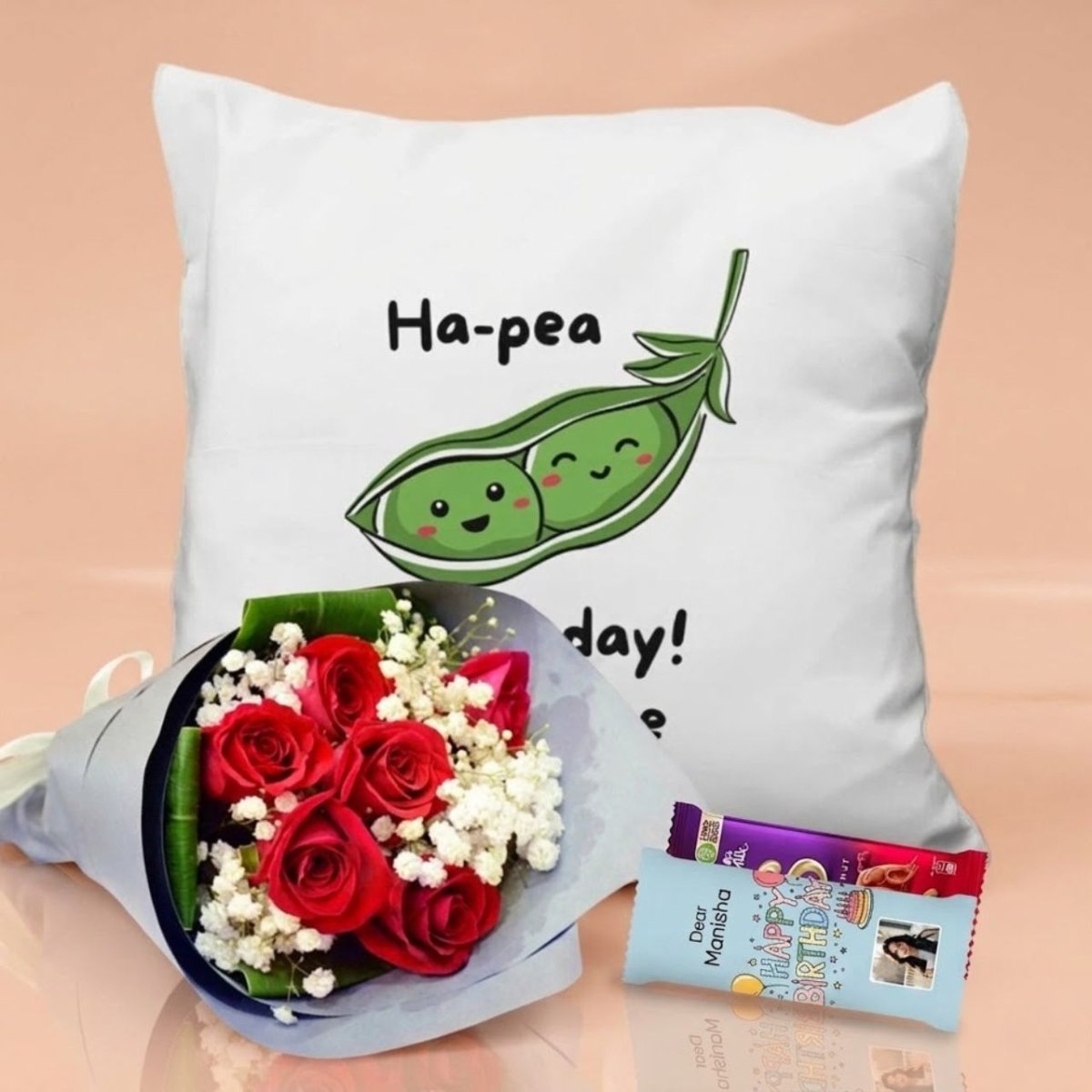 Sweet Birthday Gift Set with Roses, Cushion & Personalized Chocolate - Flowers to Nepal - FTN