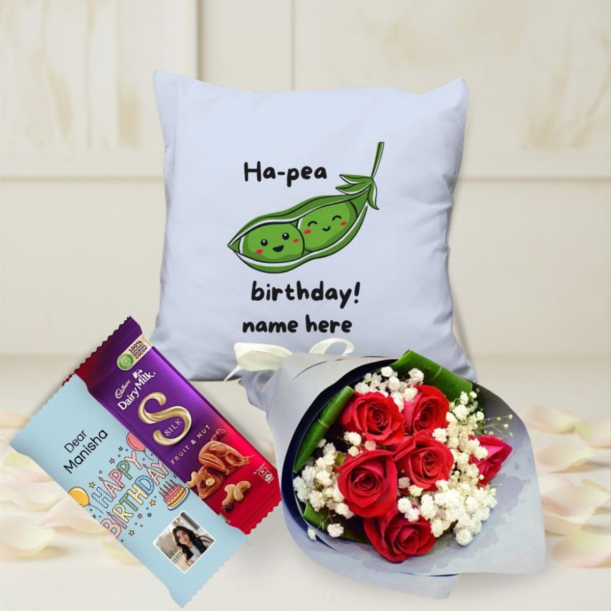 Sweet Birthday Gift Set with Roses, Cushion & Personalized Chocolate - Flowers to Nepal - FTN