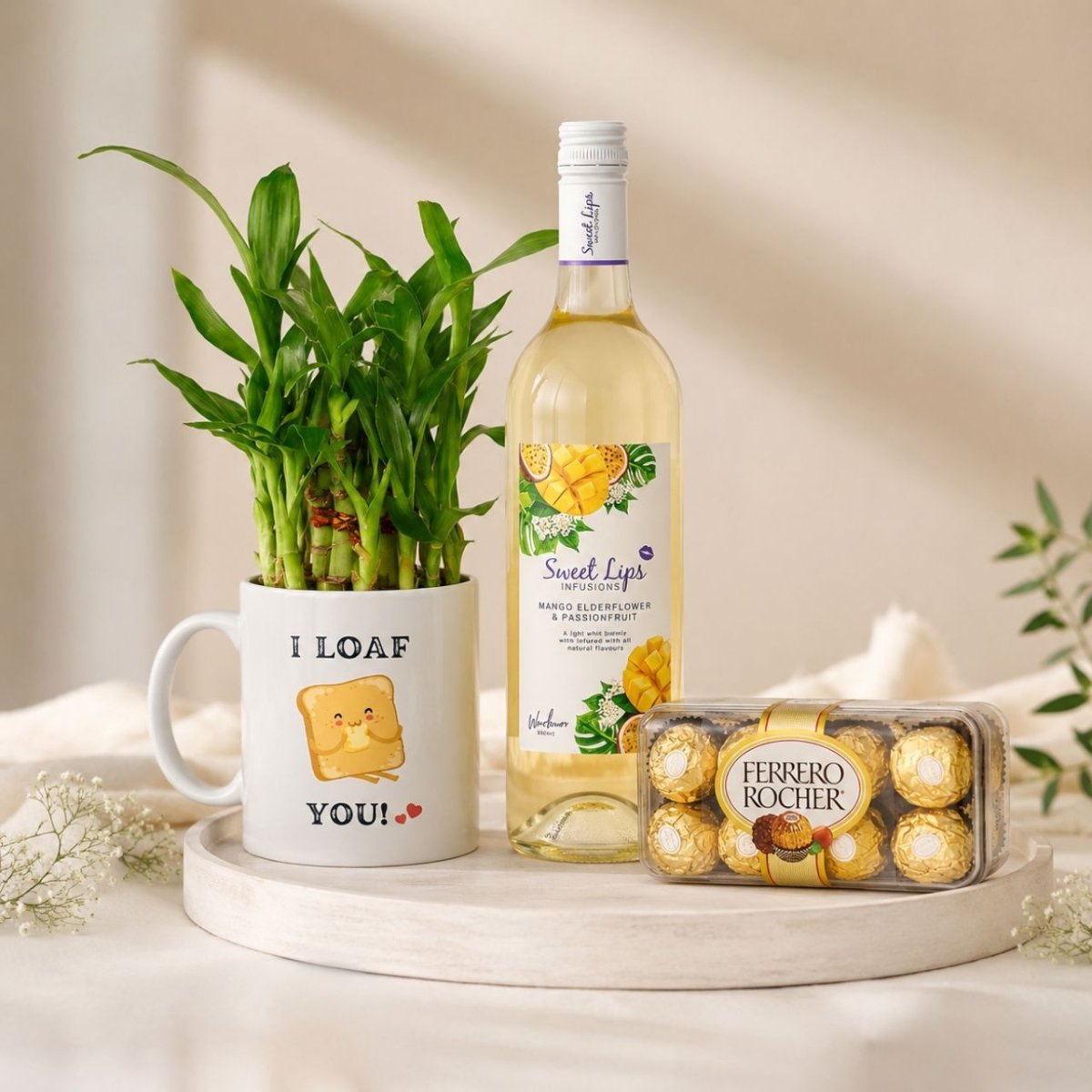 Sweet Lips Wine, Ferrero & Lucky Bamboo Gift Set - Flowers to Nepal - FTN