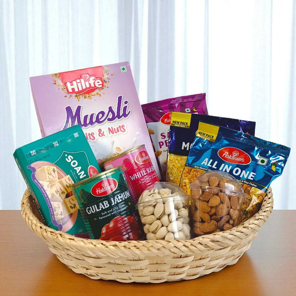 Sweet & Savory Delight Basket With Dry Nuts - Flowers to Nepal - FTN