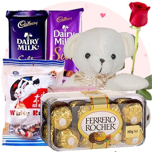 Teddy Bear, Chocolates and Free Rose - Flowers to Nepal - FTN