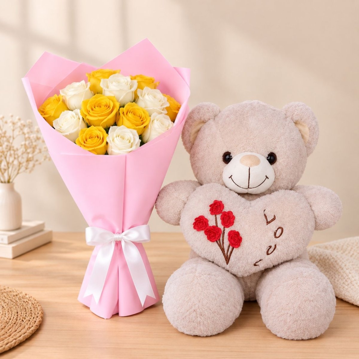 Teddy Bear with Mixed Yellow & White Roses - Flowers to Nepal - FTN