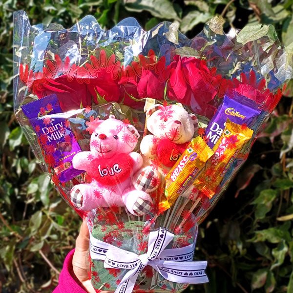 Teddy keyring, Chocolates & Roses Bouquet - Flowers to Nepal - FTN