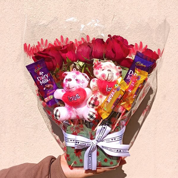 Teddy keyring, Chocolates & Roses Bouquet - Flowers to Nepal - FTN