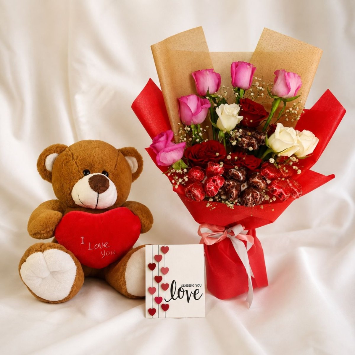 Teddy, Roses & Gourmet Chocolate Love Bouquet - Flowers to Nepal - FTN