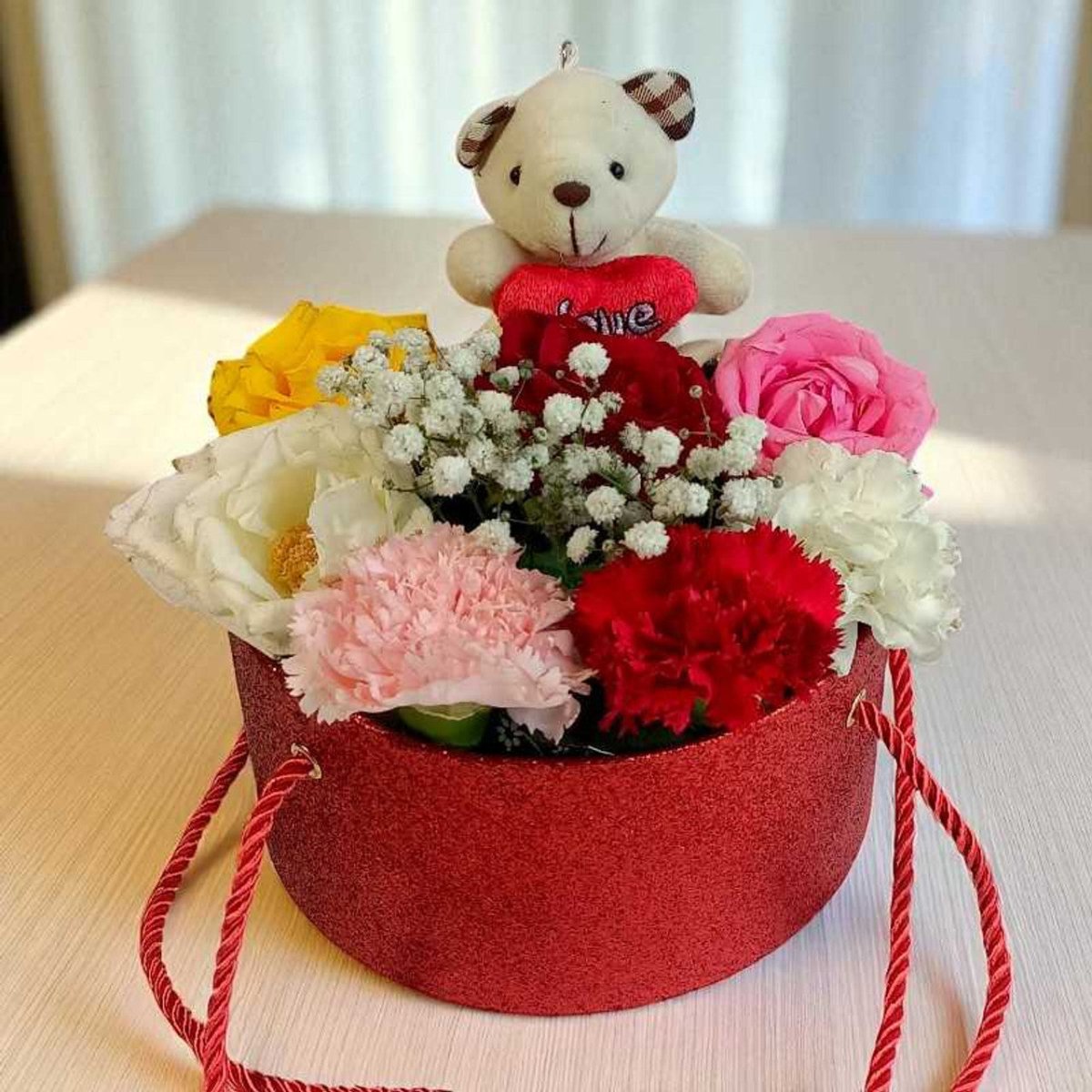 Teddy with Rose & Carnation Basket - Flowers to Nepal - FTN