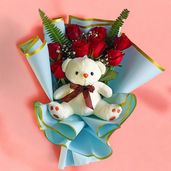 Teddy with Roses Bouquet - Flowers to Nepal - FTN