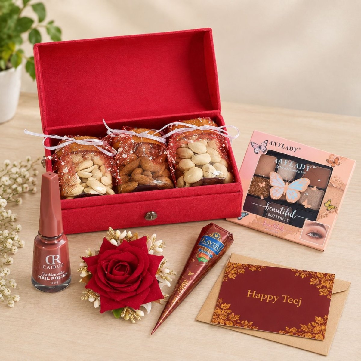 Teej Beauty Essentials & Dry Nuts Hamper - Flowers to Nepal - FTN