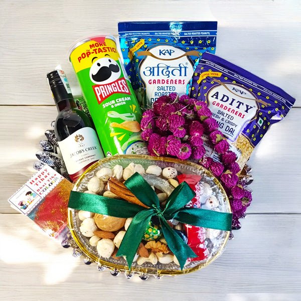 Tihar Hamper with Wine, Snacks & Garland - Flowers to Nepal - FTN