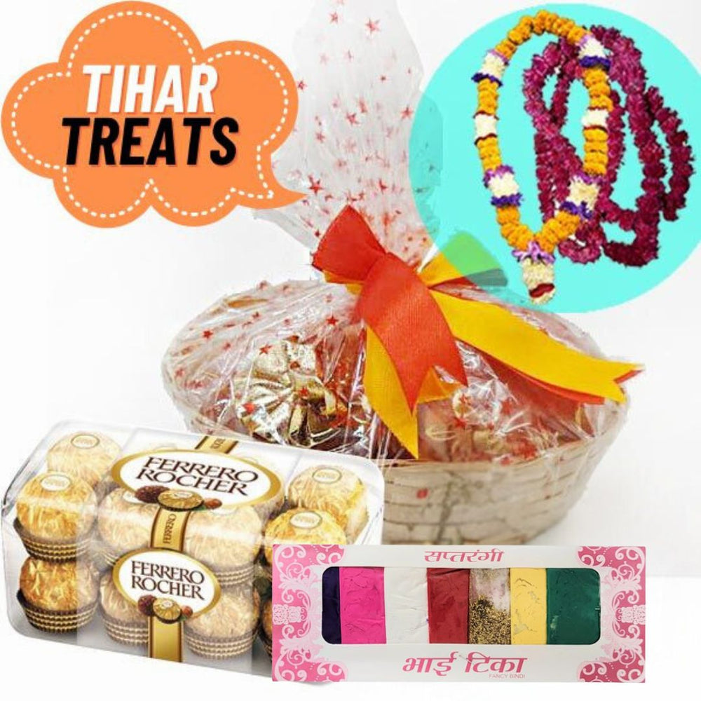 
                  
                    Tihar Treats Dry Nuts, Ferrero Rocher and Mala Set - Flowers to Nepal - FTN
                  
                