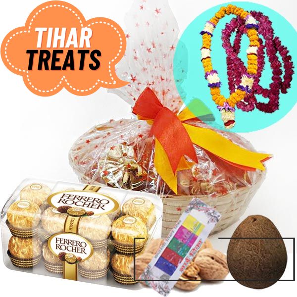 
                  
                    Tihar Treats Dry Nuts, Ferrero Rocher and Mala Set - Flowers to Nepal - FTN
                  
                