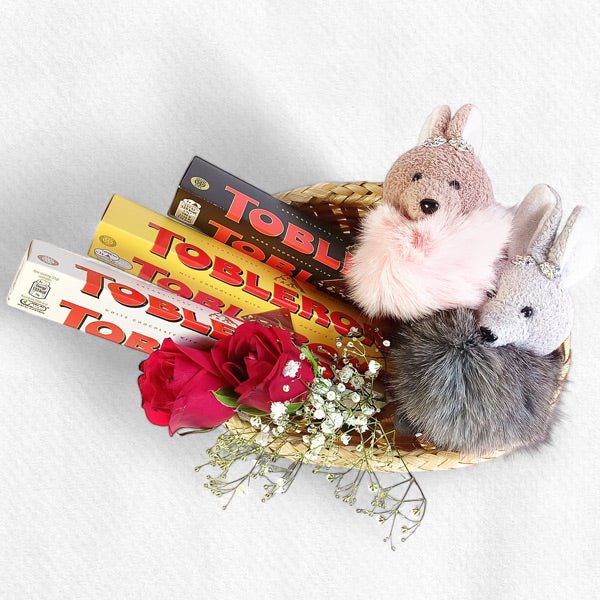 Trio Toblerone with Keyring and roses basket - Flowers to Nepal - FTN