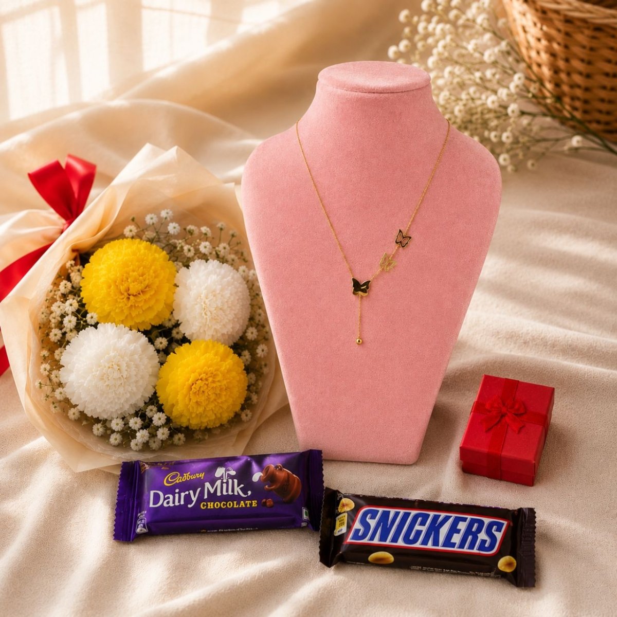 Triple Butterfly Necklace & Carnation Gift Set - Flowers to Nepal - FTN