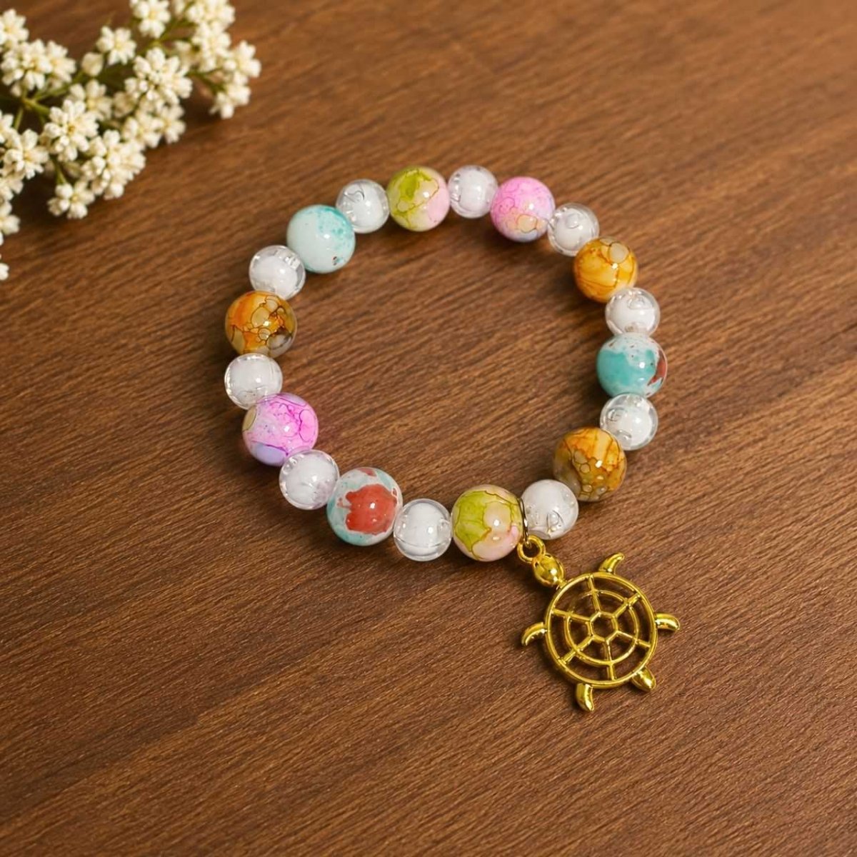 Turtle Charm Multicolor Marble Beaded Bracelet - Flowers to Nepal - FTN