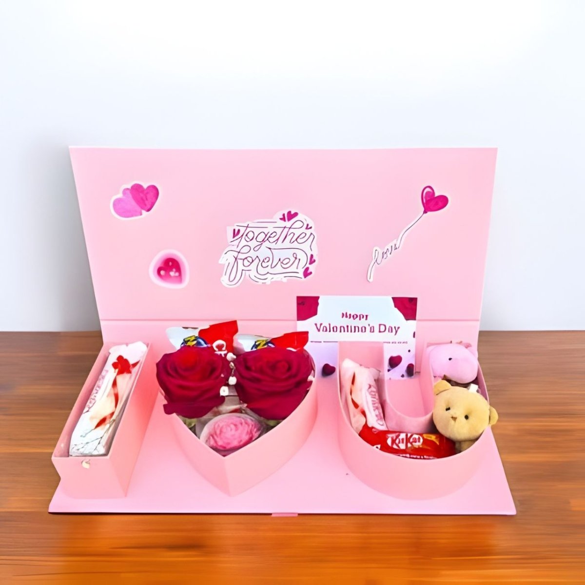 Valentine Celebration Box with Roses, Teddy Charms, Candle & Chocolates - Flowers to Nepal - FTN