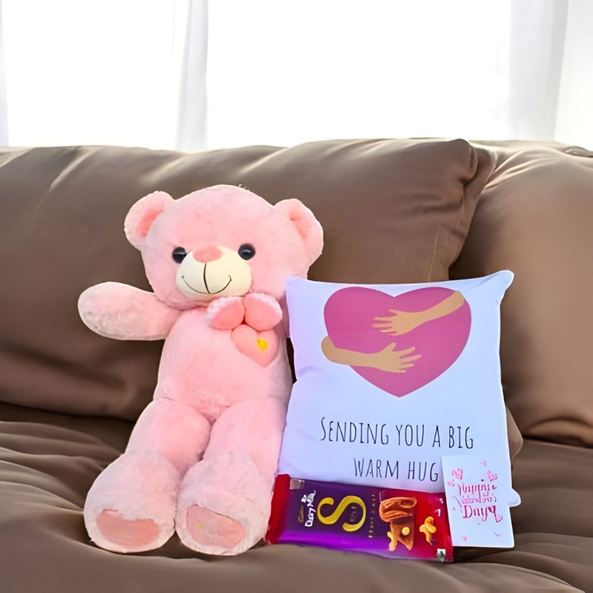 Valentine Hug Cushion, Cuddly Teddy & Chocolate Gift Set - Flowers to Nepal - FTN