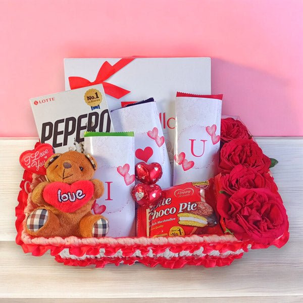 Valentine's Choco - Love Gift with Teddy Keyring & Roses - Flowers to Nepal - FTN