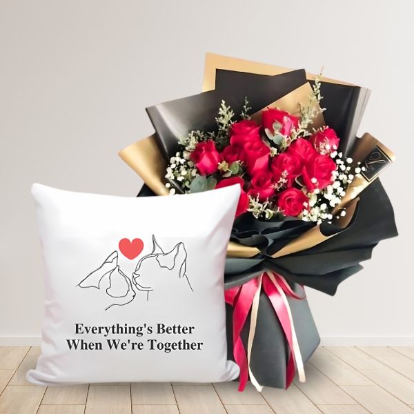 Valentine's Gift ( 12 Roses Bouquet, Cat Themed White Cushion ) - Flowers to Nepal - FTN