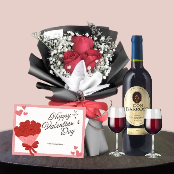 Valentine's Gift: Wine & Rose Bouquet - Flowers to Nepal - FTN