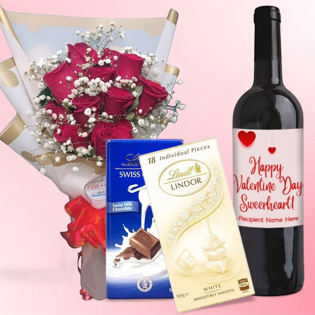 Valentine's Red Wine, Roses & Lindt Chocolate Hamper - Flowers to Nepal - FTN