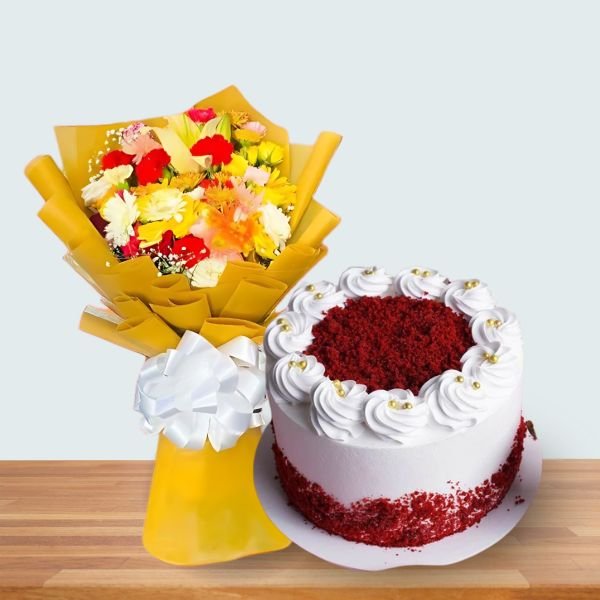 Valentine's Special (Half Velvet Cake and Mix Flowers) - Flowers to Nepal - FTN