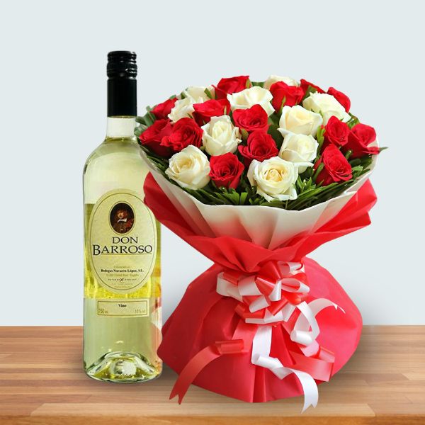 Valentine's Special With Sweet Wine and Roses Bouquet - Flowers to Nepal - FTN