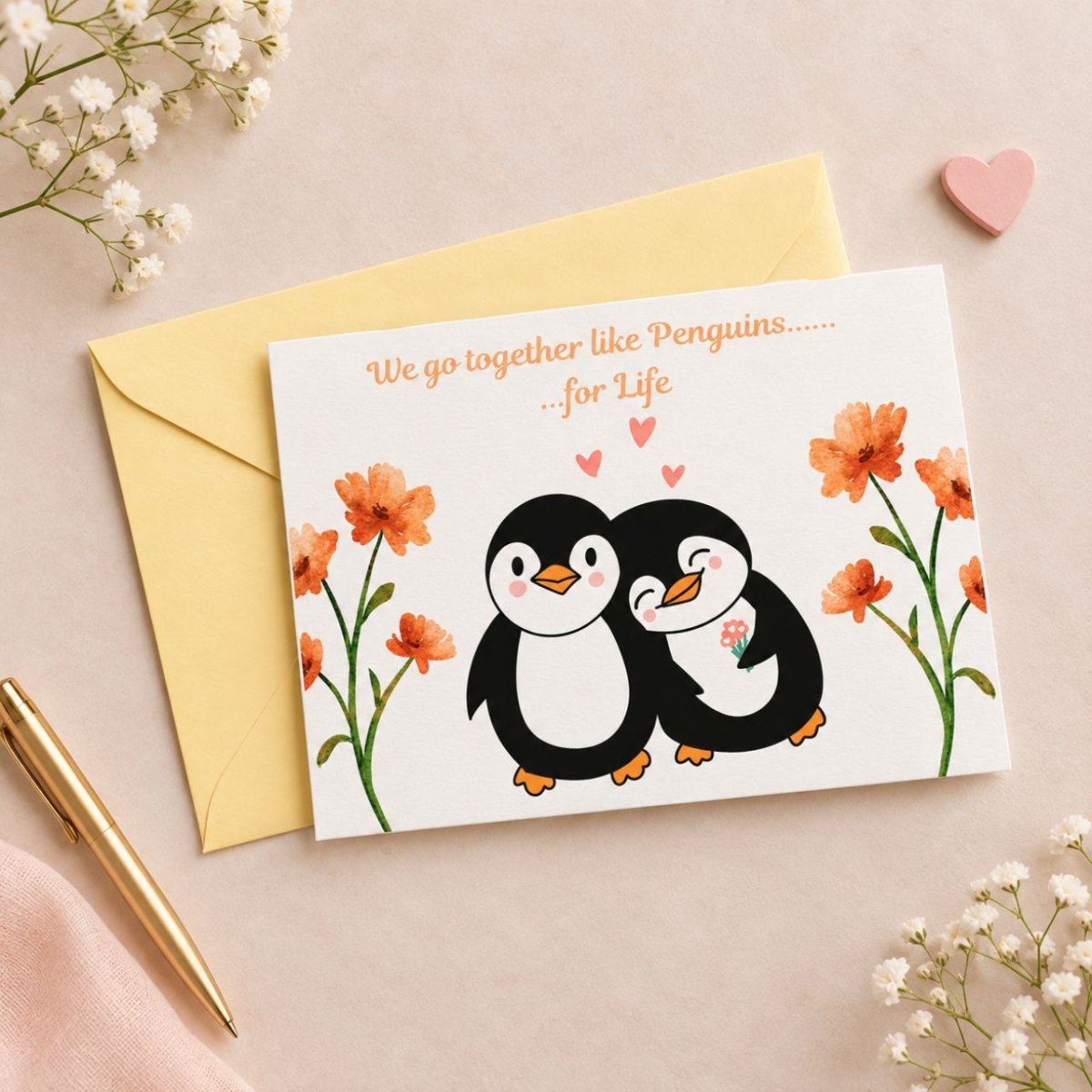 We Go Together Like Penguins – Romantic Greeting Card - Flowers to Nepal - FTN