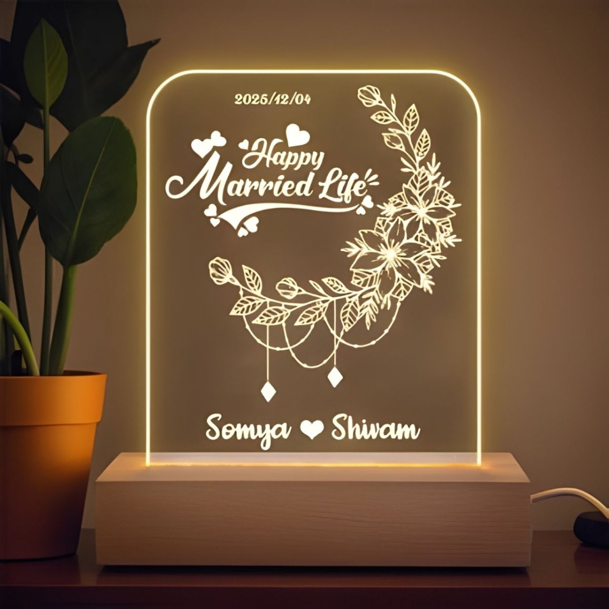Wedding Personalized Acrylic Lamp with Couple's Name & Date - Flowers to Nepal - FTN