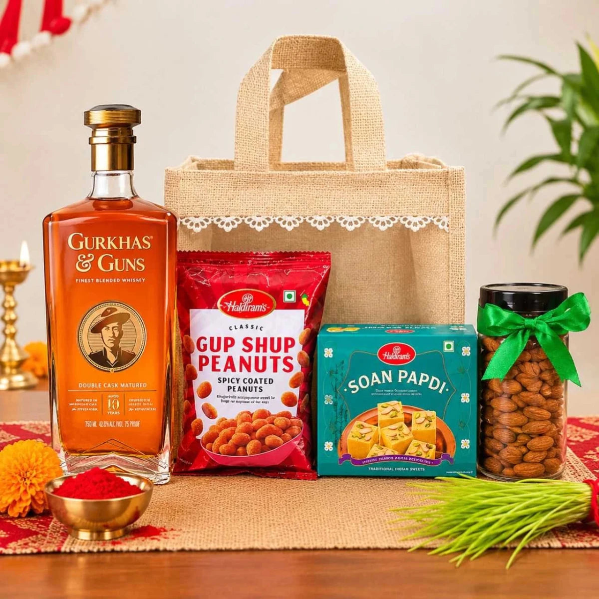 Whisky, Almonds & Nepali Sweets Gift Bag - Flowers to Nepal - FTN