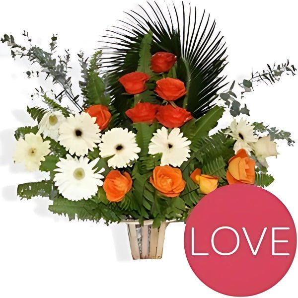 White Gerbera & Red Roses Love Basket - Flowers to Nepal - FTN