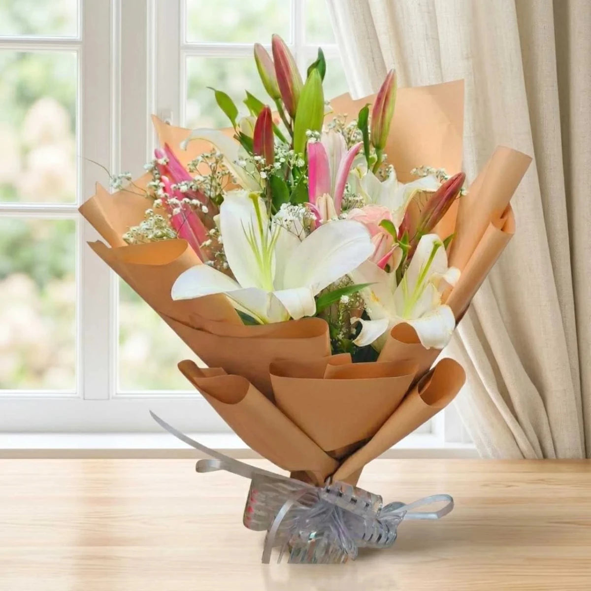 White & Pink Lilies Luxury Bouquet With Gypsy - Flowers to Nepal - FTN