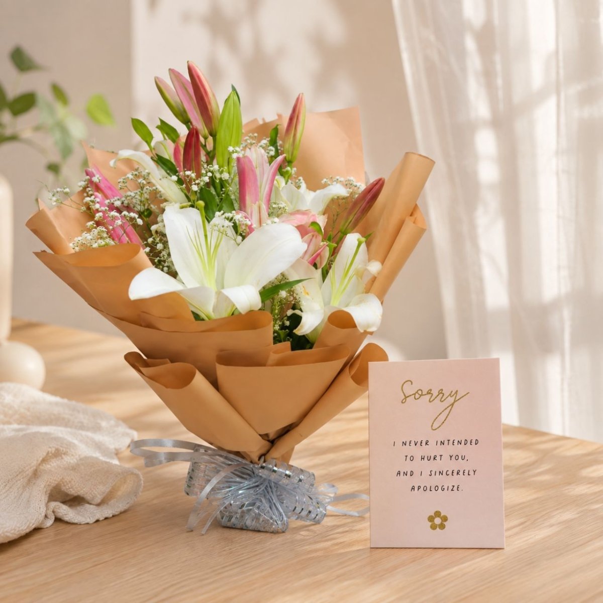 White & Pink Lilies Luxury Sorry Bouquet - Flowers to Nepal - FTN