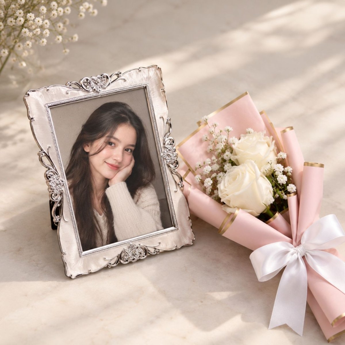 White Rose Bouquet & Photo Frame Gift Set - Flowers to Nepal - FTN